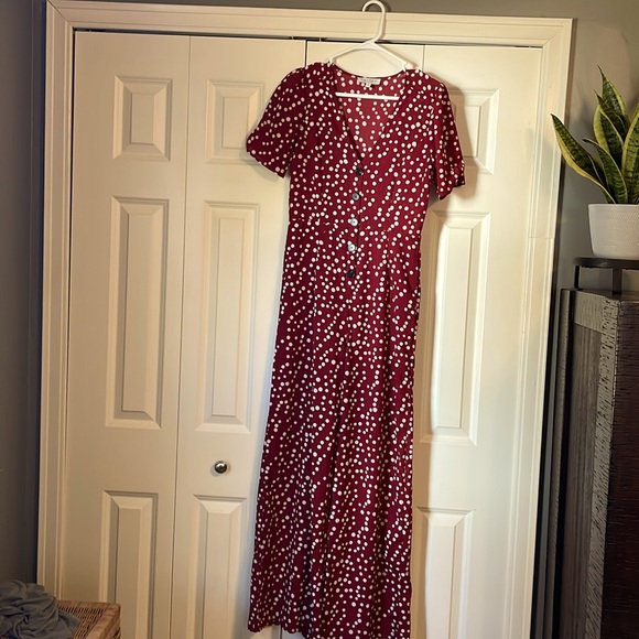 Deep wine polka dot jumper - v-neck with buttons - size small - Picture 1 of 4